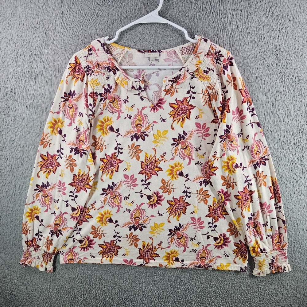 Talbots Womens Large Cotton Floral Paisley Smocked Ruffle V-Neck Top Cream Multi